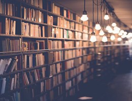 A dimly-lit bookshelf.