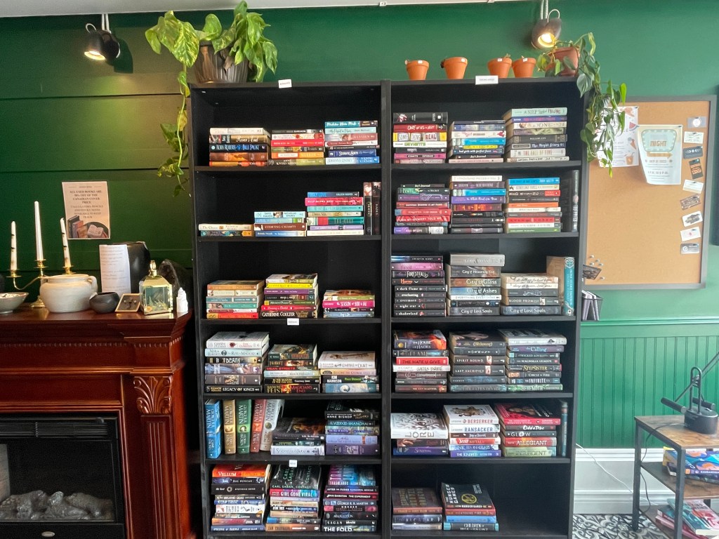 A black bookshelf with books placed horizontally.