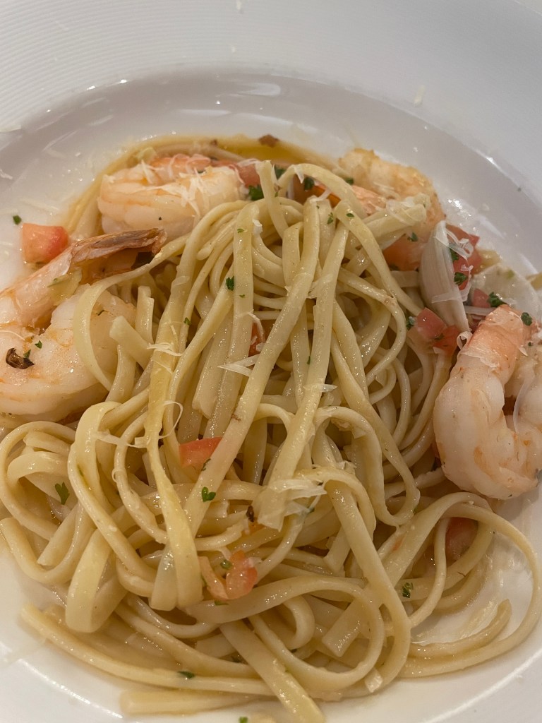 Shrimp pasta on a plate.
