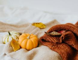 A tiny pumpkin displayed on a cozy beige coloured blanket, there are also some decorative leaves, and a burnt orange sweater off to the side, beside the pumpkin