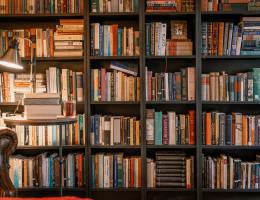 A bookshelf stacked with books. There is a light source on the left-hand side.